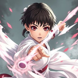 A powerful 12-year-old empress with striking red eyes and a cute, delicate face featuring small lips and a small nose, embodies the spirit of Sakura