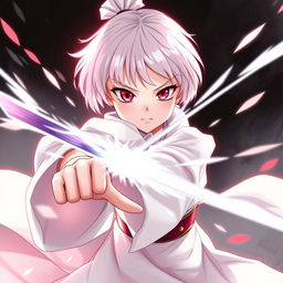 A powerful 12-year-old empress with striking red eyes and a cute, delicate face featuring small lips and a small nose, embodies the spirit of Sakura