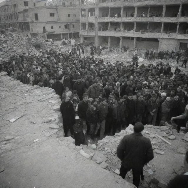 A heart-wrenching scene of Palestinians faced with the grim aftermath, making the difficult discovery of the 300 lives lost during the tragedy. The impact of devastation and loss cast a deep pallor over the city.