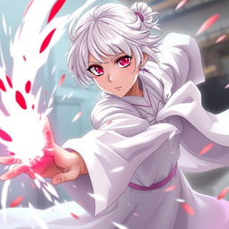 A powerful 12-year-old empress with striking red eyes and a cute, delicate face featuring small lips and a small nose, embodies the spirit of Sakura