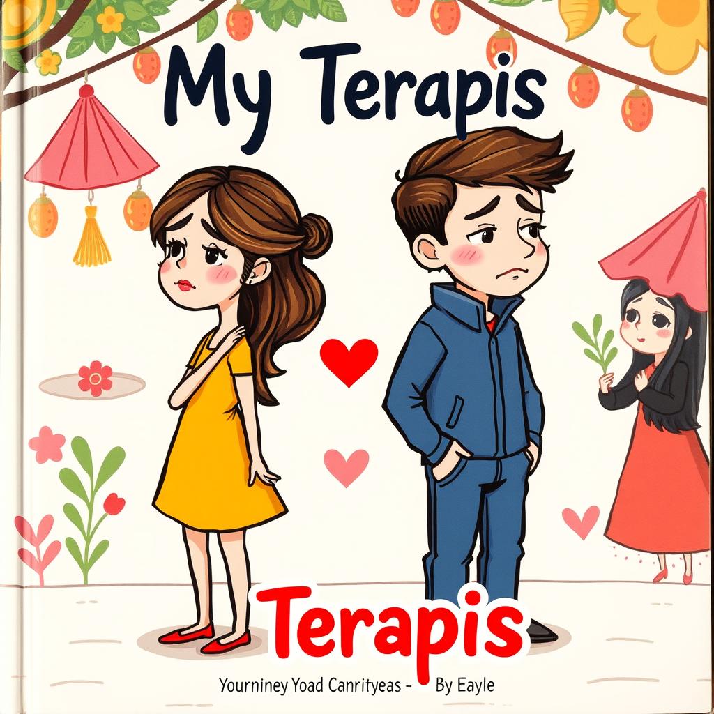 A colorful and expressive cartoon cover illustrating a couple, drawn in a charming and playful style, standing apart with sad expressions, symbolizing their separation due to parental approval