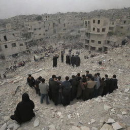 A heart-wrenching scene of Palestinians faced with the grim aftermath, making the difficult discovery of the 300 lives lost during the tragedy. The impact of devastation and loss cast a deep pallor over the city.