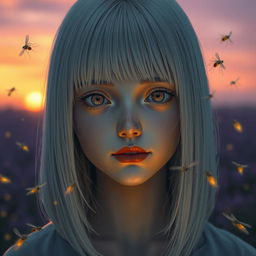 An eighteen-year-old girl with straight shoulder-length white hair, amber eyes with a lifeless gaze, and pale skin