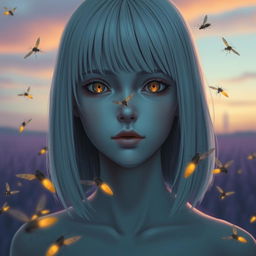 An eighteen-year-old girl with straight shoulder-length white hair, amber eyes with a lifeless gaze, and pale skin