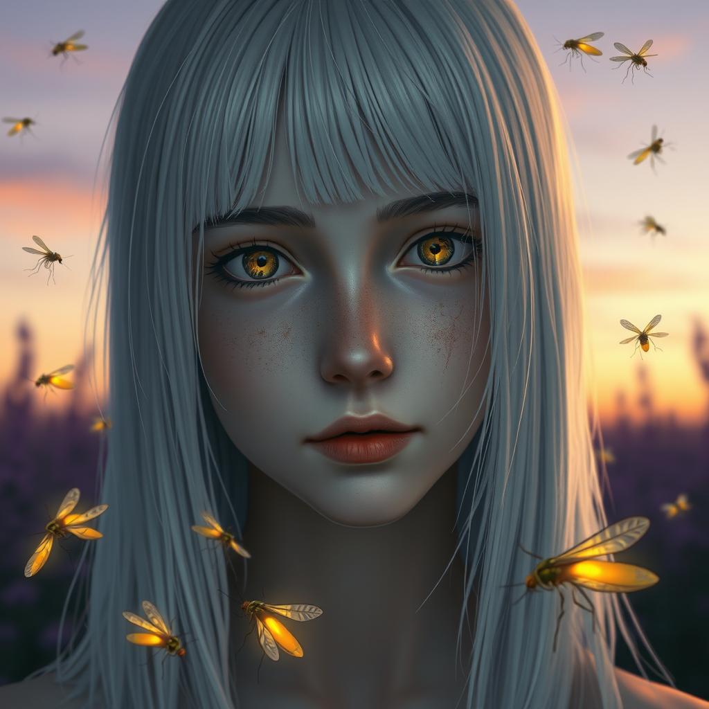 An eighteen-year-old girl with straight shoulder-length white hair, amber eyes with a lifeless gaze, and pale skin