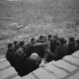 A heart-wrenching scene of Palestinians faced with the grim aftermath, making the difficult discovery of the 300 lives lost during the tragedy. The impact of devastation and loss cast a deep pallor over the city.