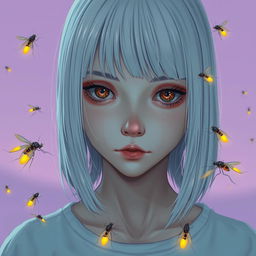 An eighteen-year-old girl with straight shoulder-length white hair, amber eyes with a deadpan gaze, and pale skin