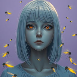 An eighteen-year-old girl with straight shoulder-length white hair, amber eyes with a deadpan gaze, and pale skin