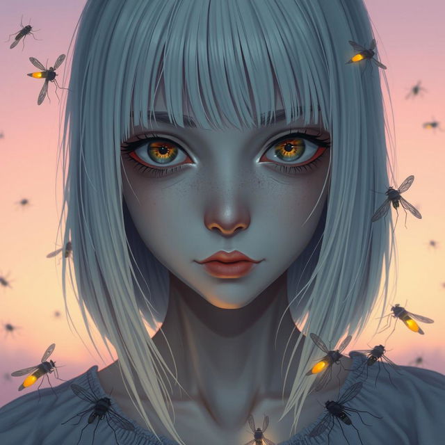 An eighteen-year-old girl with straight shoulder-length white hair, amber eyes with a deadpan gaze, and pale skin