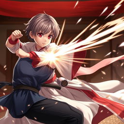 A powerful 12-year-old empress named Sakura, characterized by her striking red eyes, small lips, and small nose that enhance her cute face