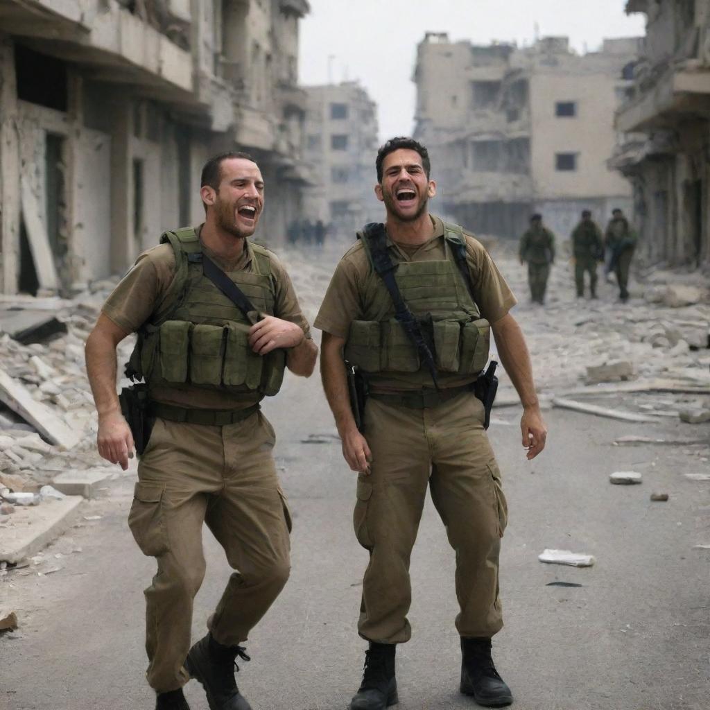 A chilling portrayal of the Israeli forces seemingly laughing in the face of such tragedy, their expressions contrasting sharply against the somber background of the devastated city.