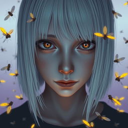 An eighteen-year-old girl with straight shoulder-length white hair, amber eyes with a deadpan gaze, and pale skin