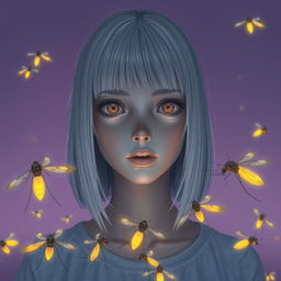 An eighteen-year-old girl with straight shoulder-length white hair, amber eyes with a deadpan gaze, and pale skin