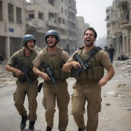 A chilling portrayal of the Israeli forces seemingly laughing in the face of such tragedy, their expressions contrasting sharply against the somber background of the devastated city.