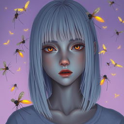 An eighteen-year-old girl with straight shoulder-length white hair, amber eyes reflecting a deadpan gaze, and very pale skin