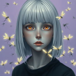 An eighteen-year-old girl with straight shoulder-length white hair, amber eyes reflecting a deadpan gaze, and very pale skin