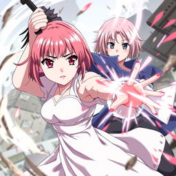 A strong and powerful 12-year-old empress named Sakura, characterized by her bright red eyes, cute face with small lips and a small nose, and short hair