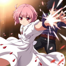 A strong and powerful 12-year-old empress named Sakura, characterized by her bright red eyes, cute face with small lips and a small nose, and short hair