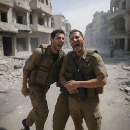 A chilling portrayal of the Israeli forces seemingly laughing in the face of such tragedy, their expressions contrasting sharply against the somber background of the devastated city.