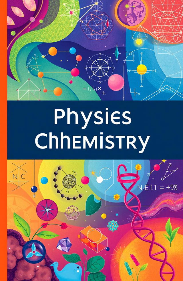 An academic book cover that visually intertwines the elements of physics, chemistry, mathematics, and biology