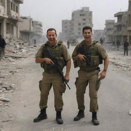 A chilling portrayal of the Israeli forces seemingly laughing in the face of such tragedy, their expressions contrasting sharply against the somber background of the devastated city.