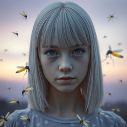 An eighteen-year-old girl with straight white shoulder-length hair and amber eyes, possessing a lifeless gaze and pale skin, without a smile