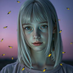 An eighteen-year-old girl with straight white shoulder-length hair and amber eyes, possessing a lifeless gaze and pale skin, without a smile