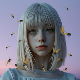 An eighteen-year-old girl with straight white shoulder-length hair and amber eyes, possessing a lifeless gaze and pale skin, without a smile