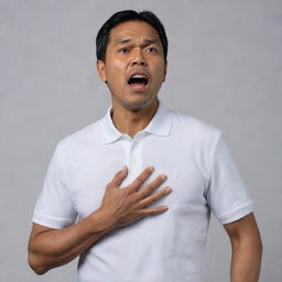 A 50-year-old Malay man, donned in a white polo t-shirt, is standing. His face is contorted as he gasps for air, one hand clutched at his chest, in the midst of a heart attack. The scene unfolds against a neutral background.