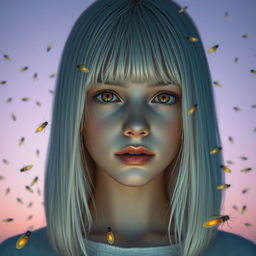 An eighteen-year-old girl with straight white shoulder-length hair and amber eyes, characterized by a lifeless gaze and pale skin, devoid of a smile