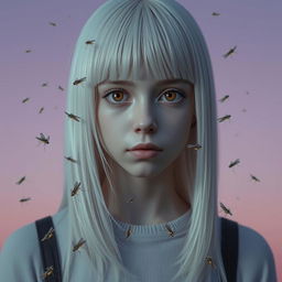 An eighteen-year-old girl with straight white shoulder-length hair and amber eyes, characterized by a lifeless gaze and pale skin, devoid of a smile