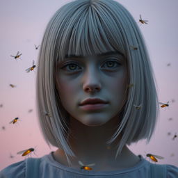 An eighteen-year-old girl with straight white shoulder-length hair and amber eyes, characterized by a lifeless gaze and pale skin, devoid of a smile