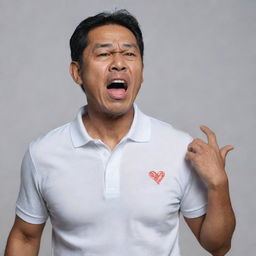 A 50-year-old Malay man, donned in a white polo t-shirt, is standing. His face is contorted as he gasps for air, one hand clutched at his chest, in the midst of a heart attack. The scene unfolds against a neutral background.