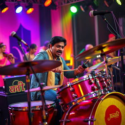 A Bollywood composer energetically playing a drum set, surrounded by vibrant musical instruments, with colorful lighting creating an energetic atmosphere