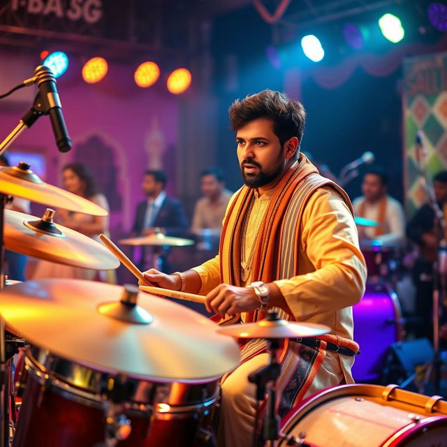 A Bollywood composer energetically playing a drum set, surrounded by vibrant musical instruments, with colorful lighting creating an energetic atmosphere