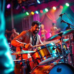 A Bollywood composer energetically playing a drum set, surrounded by vibrant musical instruments, with colorful lighting creating an energetic atmosphere