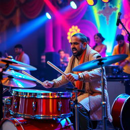 A Bollywood composer energetically playing a drum set, surrounded by vibrant musical instruments, with colorful lighting creating an energetic atmosphere