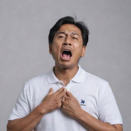 A 50-year-old Malay man, donned in a white polo t-shirt, is standing. His face is contorted as he gasps for air, one hand clutched at his chest, in the midst of a heart attack. The scene unfolds against a neutral background.