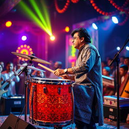 A Bollywood composer passionately playing a drum set on stage, surrounded by colorful lights and lively decorations