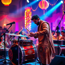 A Bollywood composer passionately playing a drum set on stage, surrounded by colorful lights and lively decorations