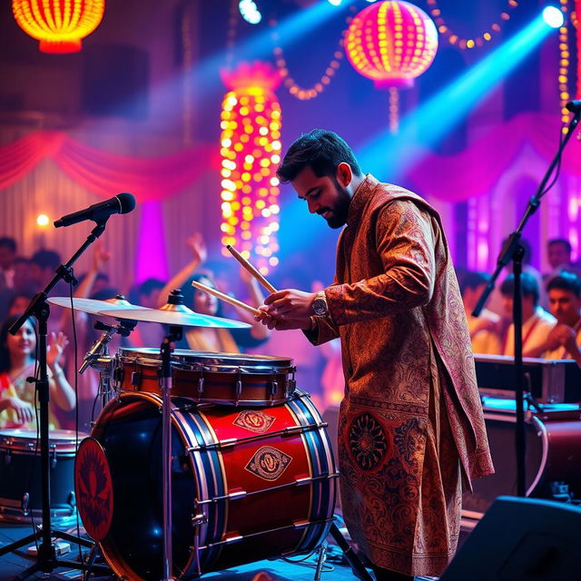 A Bollywood composer passionately playing a drum set on stage, surrounded by colorful lights and lively decorations