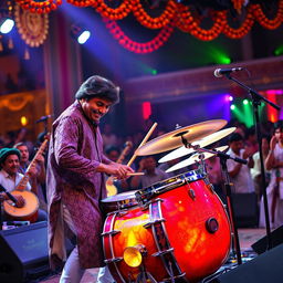 A Bollywood composer passionately playing a drum set on stage, surrounded by colorful lights and lively decorations