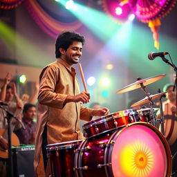 A Bollywood composer passionately playing a drum set on stage, surrounded by colorful lights and lively decorations