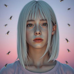 An eighteen-year-old girl with straight white shoulder-length hair and amber eyes, showcasing a lifeless gaze and pale skin, unsmiling