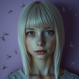 An eighteen-year-old girl with straight white shoulder-length hair and amber eyes, showcasing a lifeless gaze and pale skin, unsmiling