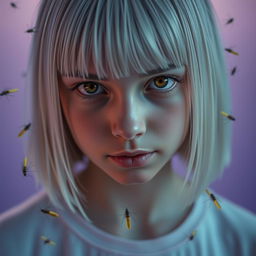 An eighteen-year-old girl with straight white shoulder-length hair and amber eyes, showcasing a lifeless gaze and pale skin, unsmiling