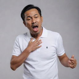 A 50-year-old Malay man, donned in a white polo t-shirt, is standing. His face is contorted as he gasps for air, one hand clutched at his chest, in the midst of a heart attack. The scene unfolds against a neutral background.