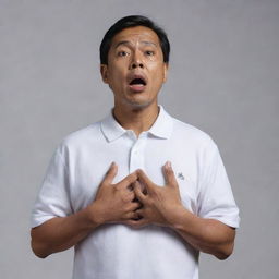 A 50-year-old Malay man, clad in a white polo t-shirt, stands gasping for breath. He has one hand clutched at his chest, clearly in the midst of a heart attack. The entire scene is set against a neutral background.