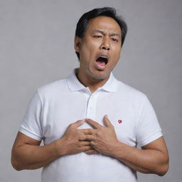 A 50-year-old Malay man, clad in a white polo t-shirt, stands gasping for breath. He has one hand clutched at his chest, clearly in the midst of a heart attack. The entire scene is set against a neutral background.