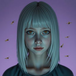 An eighteen-year-old girl with straight white shoulder-length hair and amber eyes, exhibiting a lifeless gaze and pale skin, without a smile